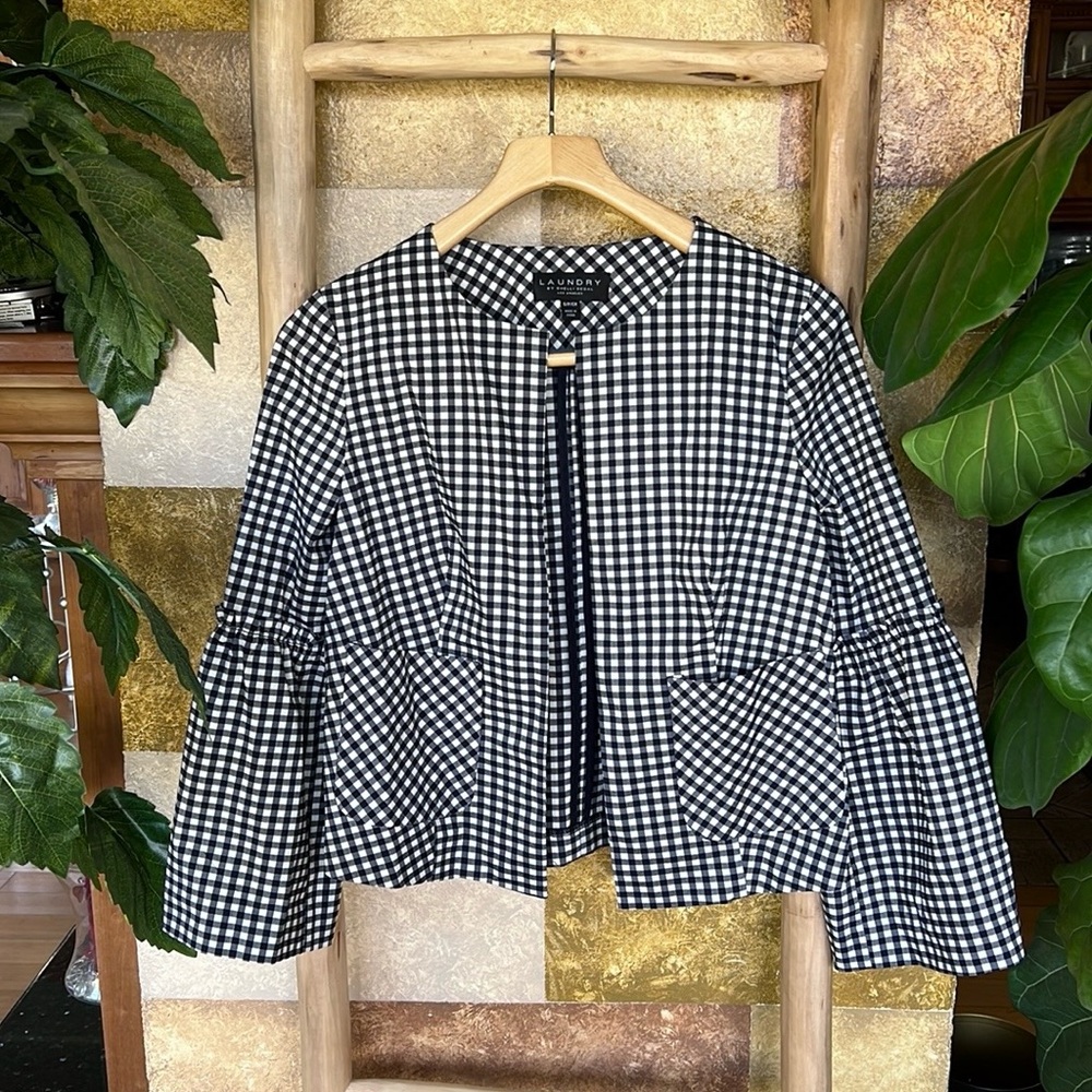 Laundry Women’s Collarless Plaid Gingham Checkered Cropped Cardigan Blazer